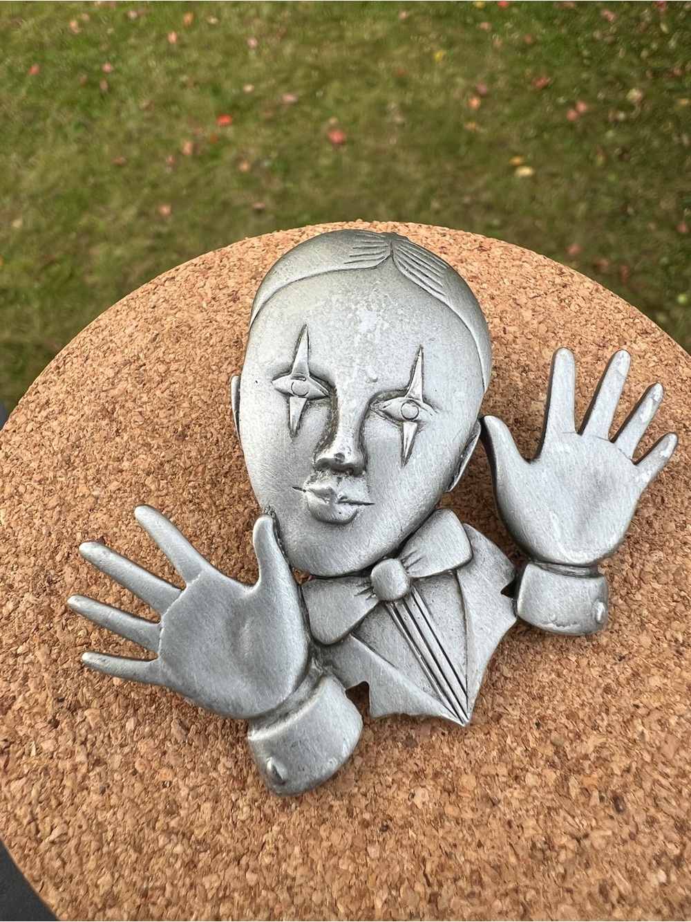 Vintage JJ Pewter Clown French Mime Brooch Pon Metal 1988 Silver Tone Signed